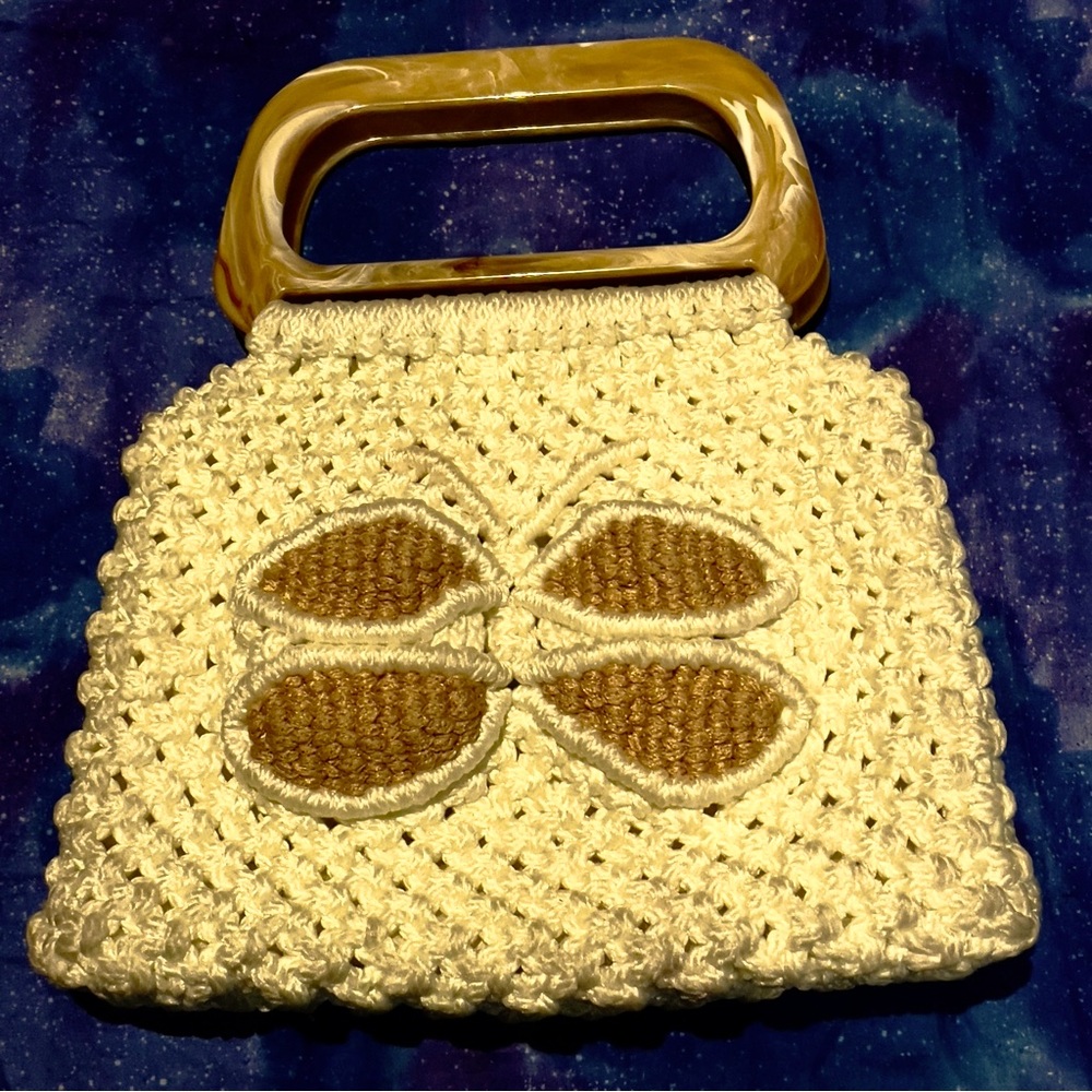 Vintage handmade acrylic macrame, butterfly  handbag . With rad swirly handles .